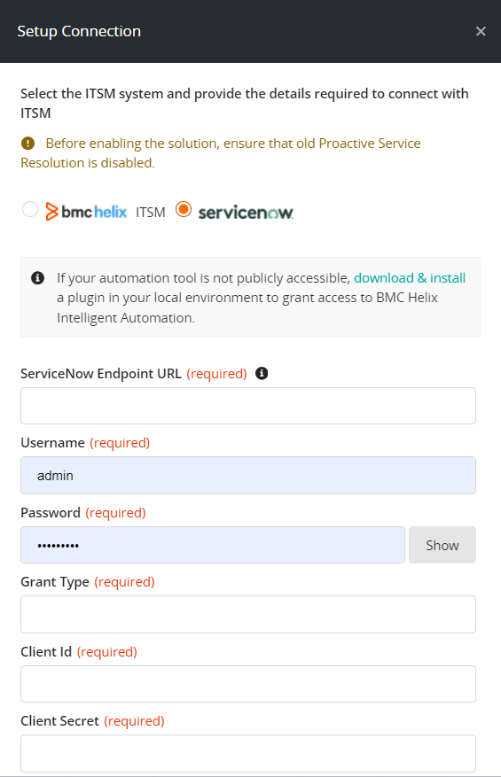 Setup connection ServiceNow Suppor PSR_243.png